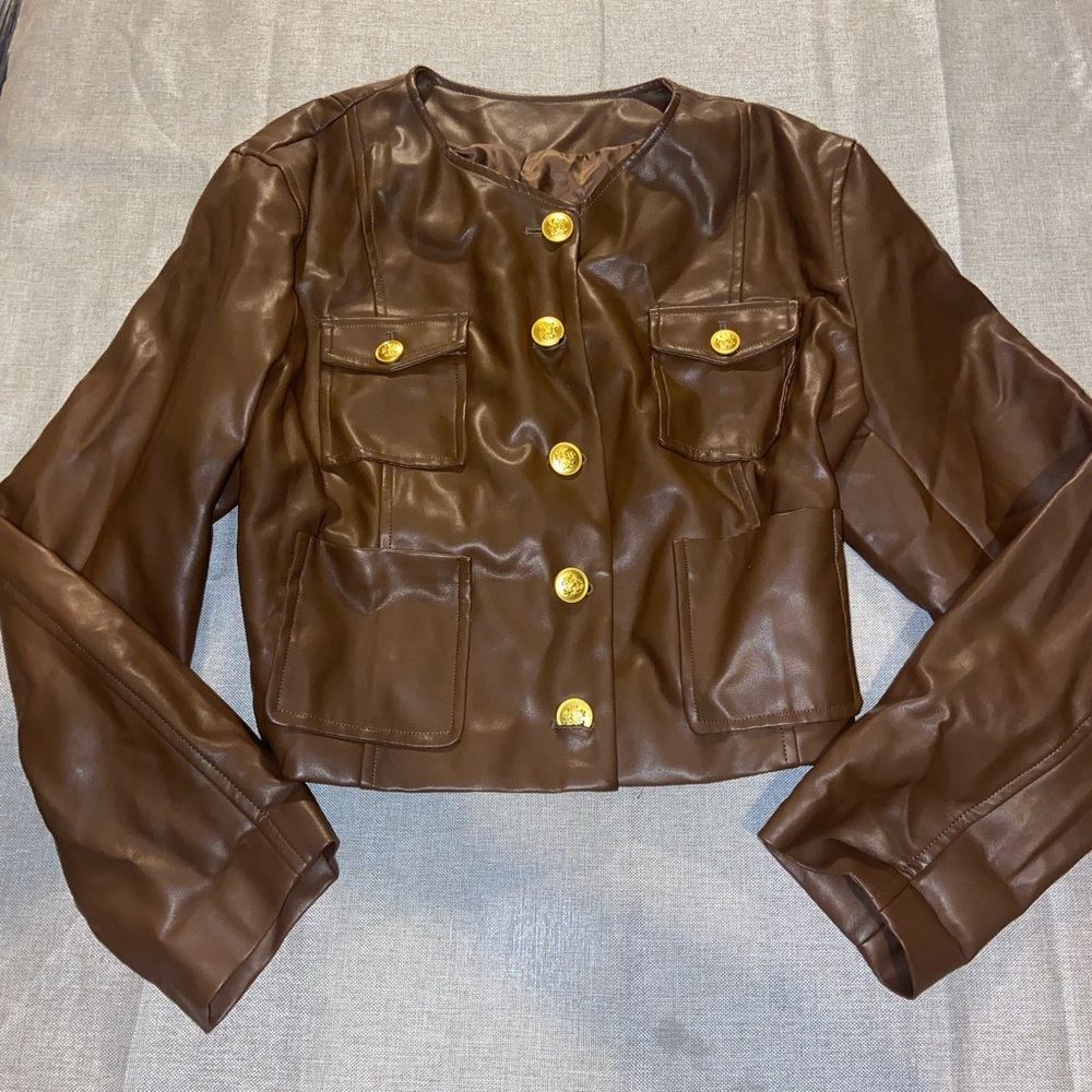 Elegant Brown Leather Jacket with Gold Accents